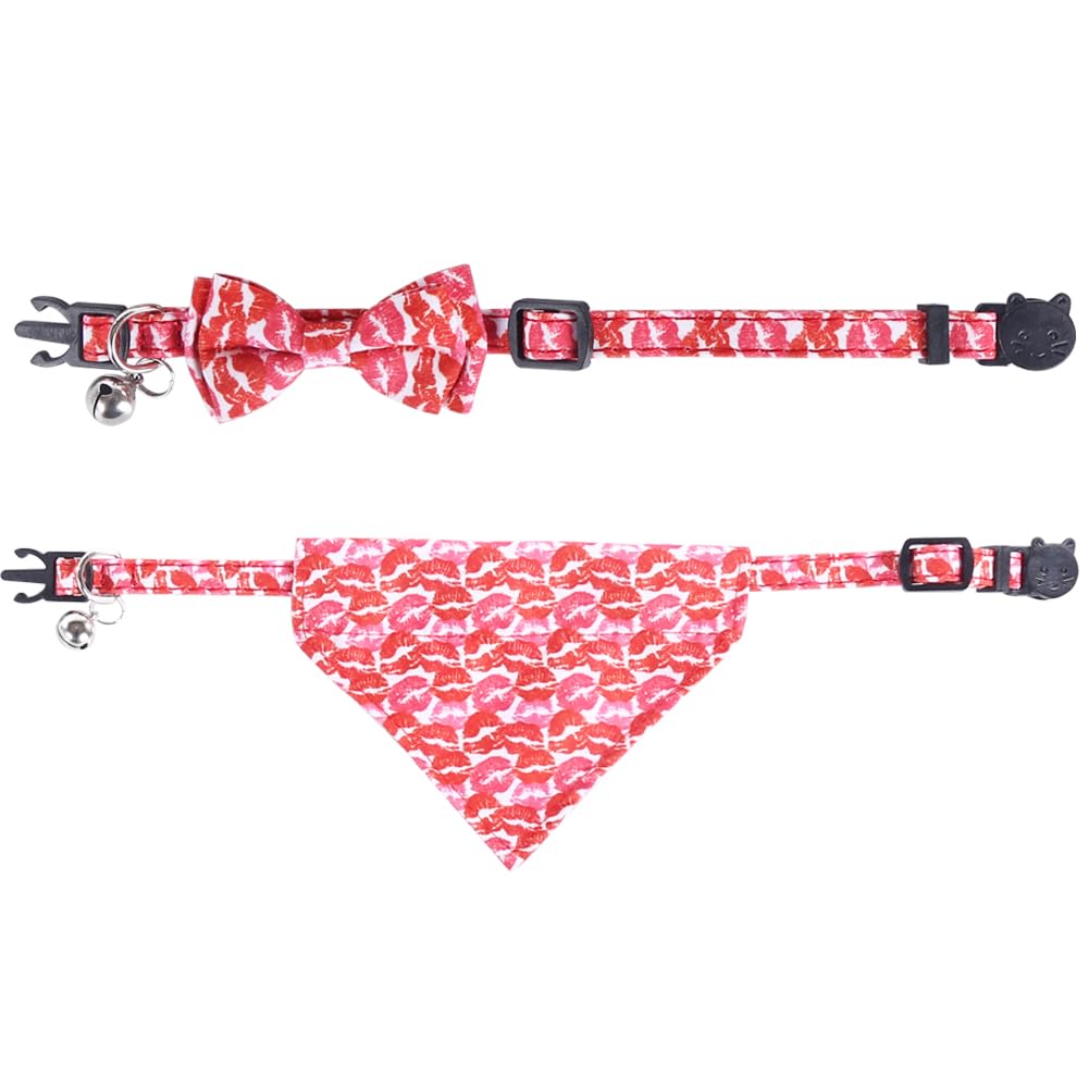Valentine Cat Collar Breakaway With Bow Tie Bandana And Bell Holiday For Kitty Adjustable Safety Love Heart
