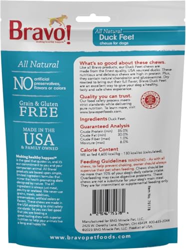 Bravo! Bonus Bites Single Ingredient Dry Roasted Dog Chews, Duck Feet, 5 Ounce, High Protein, Grain Free, Gluten Free