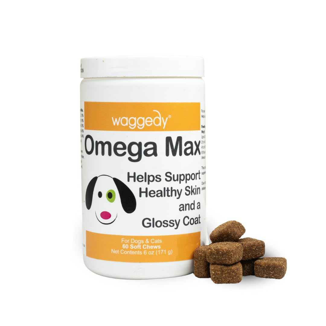 waggedy Omega Max Chews for Dogs with Salmon Oil & Flaxseed - Dog Essentials for Shiny Coats & Healthy Skin - Dog Supplements & 
