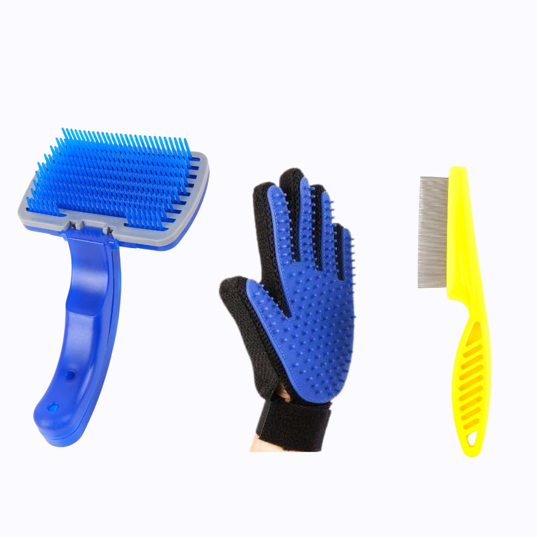 Multicolor 3In1 Pet Grooming Kit  Slicker Brush, Deshedding Glove & Flea Comb For Dogs & Cats, Pack Of 3