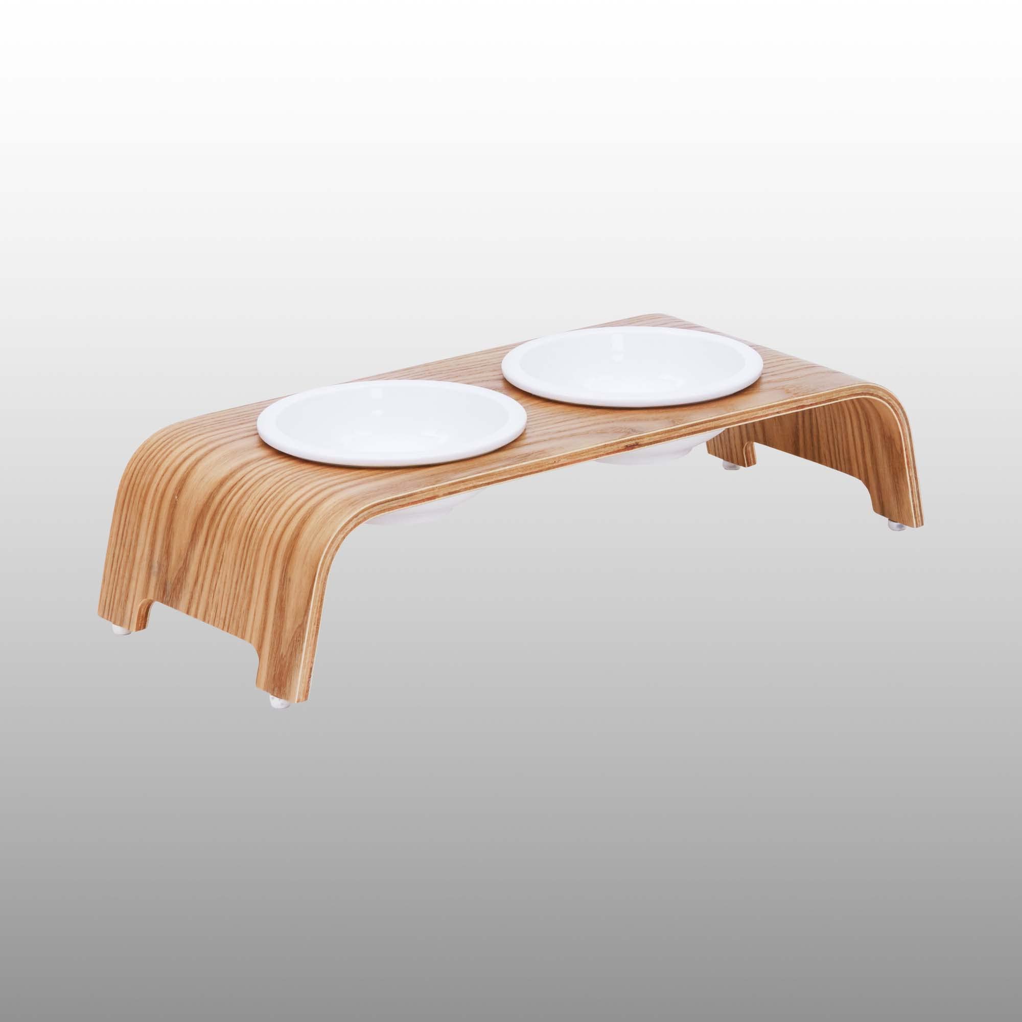 Teamson Pets Billie Elevated Ceramic Double Pet Feeder with Ash Wood Stand, Brown