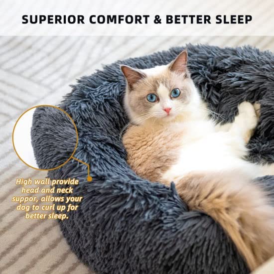 Kitty City Cat Beds - Washable 20/24 Inch, Anti-Anxiety Round Faux Fur, Thick Bottom (Dark Grey, Medium) For Indoor Cats & Small Dogs