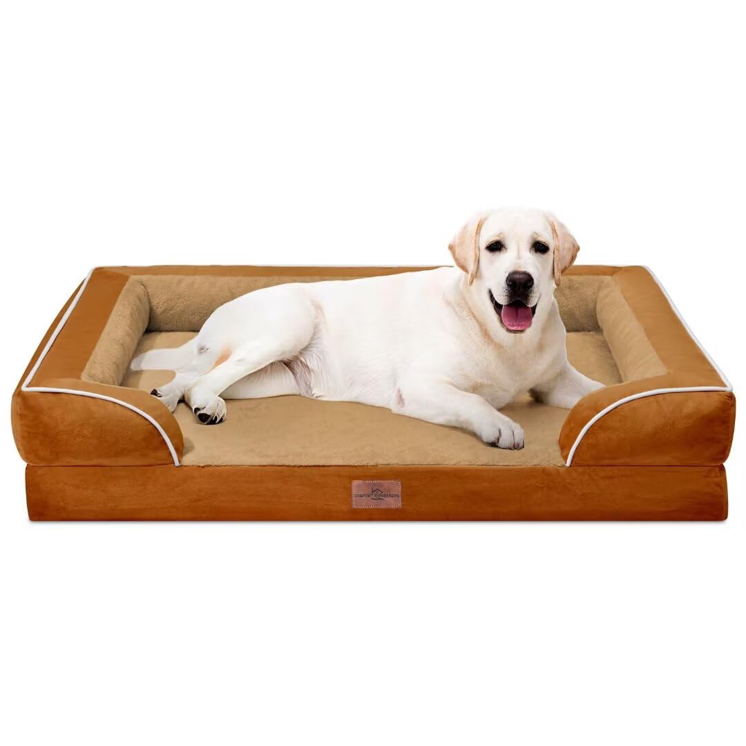 Comfort Expression Orthopedic Dog Bed For Extra Large Dogs, Pv Washable Dog Sofa Bed Jumbo, Waterproof Dog Bed With Removable Cover & Non-Slip Bottom(Jumbo,Caramel)