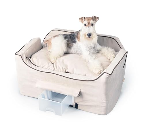 Snoozer Dog Car Seat With Storage Tray: Lookout Ii Dog Booster Car Seat Medium Sized Dog, Pet Car Seat To Help Car Sickness For Dogs, Included Harness Strap, Buckskin Removable Washable Cover