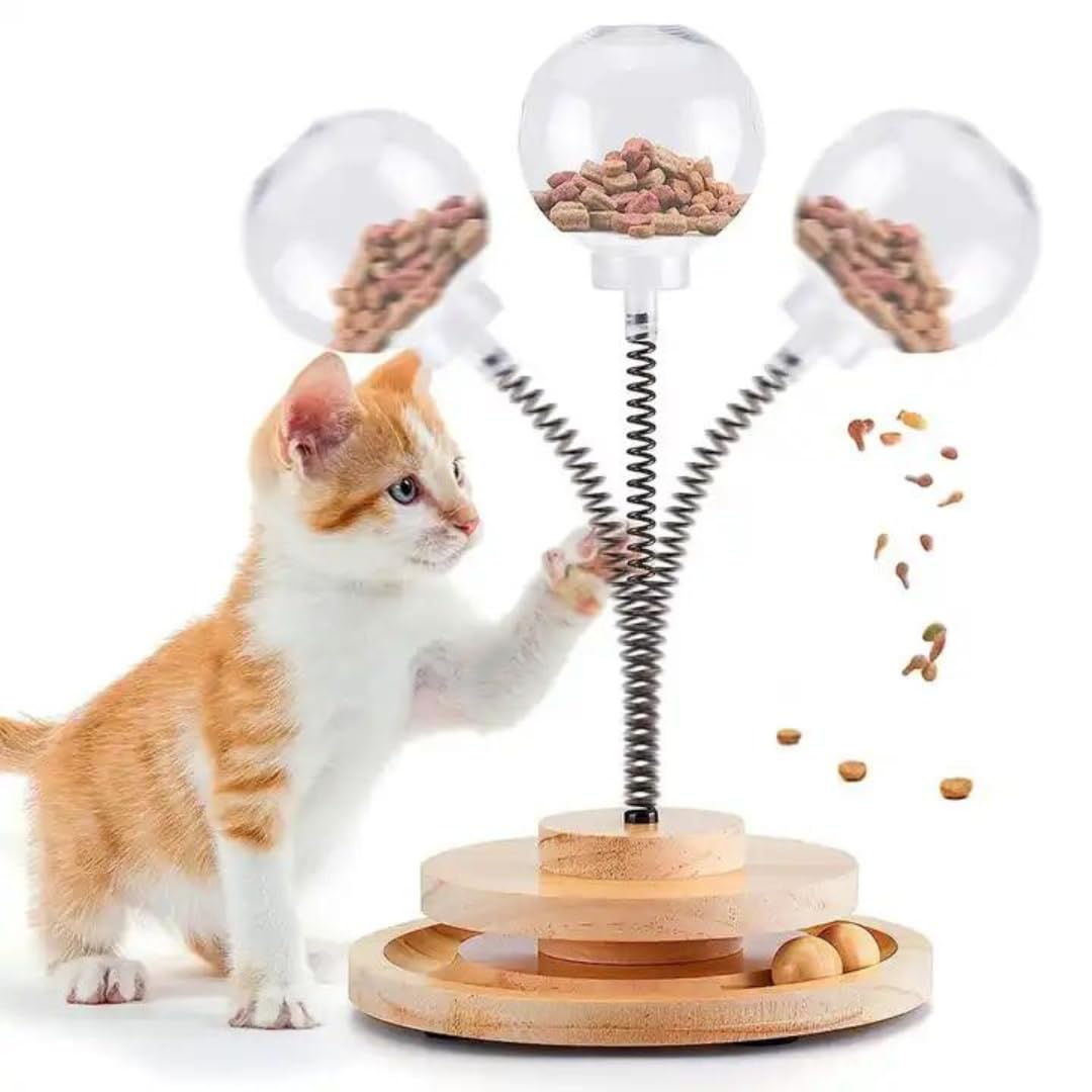 Shopipistic Cat Treat Dispenser, Fun Interactive Cat Toys, Brain Stimulating Slow Feeder Leaky Toys With Wooden Track Turntable,