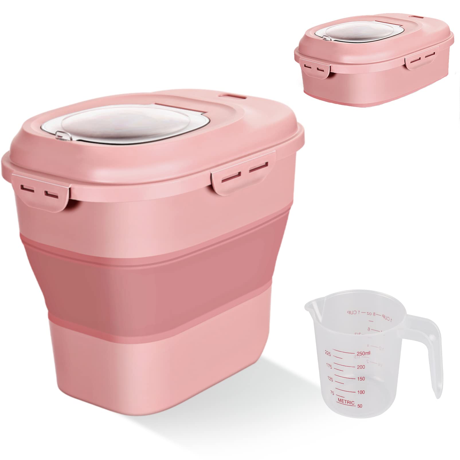 Cereal Rice Food Storage Containers, Collapsible 20 To 50 Lbs Dispenser Bin With Rolling Wheel Airtight Locking Lid, Dog Pet Cat
