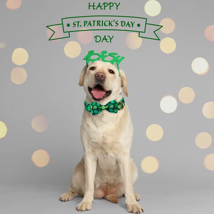 Aring Pet St. Patrick'S Day Dog Collar-Cute Clovers Dog Collar With Bow, Cotton Trefoil Bowtie Dog Collars With Metal Buckle For