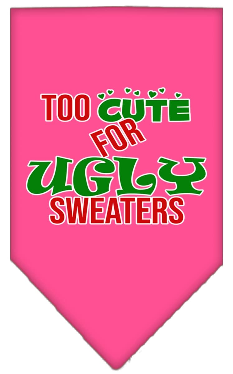 Christmas Pet and Dog Bandana Screen Printed, "Too Cute For Ugly Sweaters" Bright Pink Large