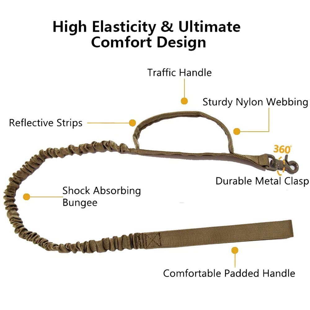 Tactical Dog Collar And Leash Set Tactical Dog Collar With Handle Bungee Leash Adjustable Military Training Nylon Collar Dog Training Collar Leash Set With Control Handleand Metal Buckle (Brown S