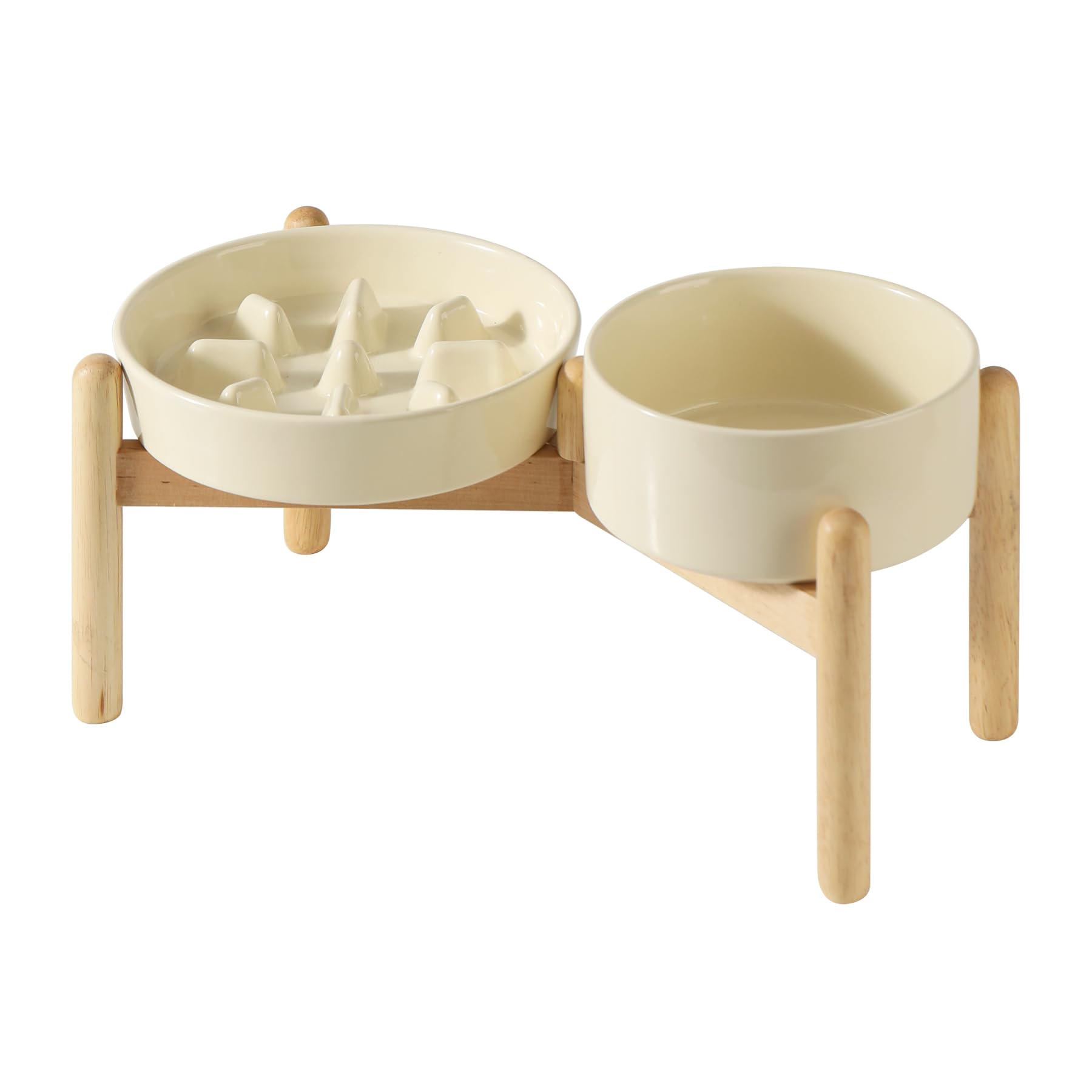 Havniva Ceramic 1.2 Cup Raised Slow Feeder Dog Bowl Set, Elevated 6.1inch Bowl and 7.3inch Slow Pet Food Dish with Wooden Stand 