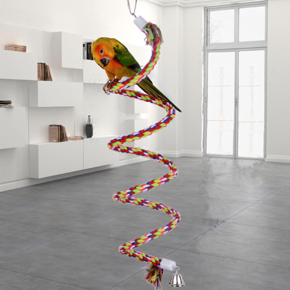 Aniac Bird Spiral Cotton Rope Perches With Bell Parrots Chewing Bungee African Grey Cage Toys Swing Birdcage Accessories Parakeet Climbing Stand Bar (40 Inches)