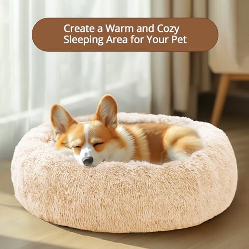 Jollyvogue Calming Dog & Cat Bed For Large Dogs, Anti-Anxiety Donut Cuddler Cozy Soft Round Bed With Anti-Slip Bottom, Fluffy Fa