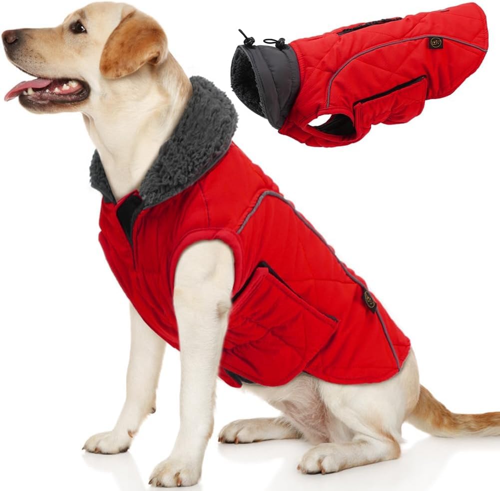 Emust Winter Dog Coats, Fleece Dog Apparel For Cold Weather, British Style Windproof Warm, Red, Xs