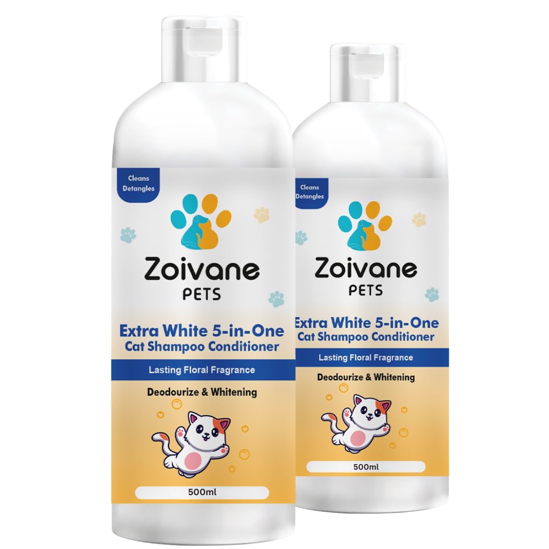 Zoivane 5 In 1 Extra White Cat Shampoo With Conditioner (500Ml X 2 Pack) | Reduces Hair Fall | Enhances Coat Brightness | Ideal 