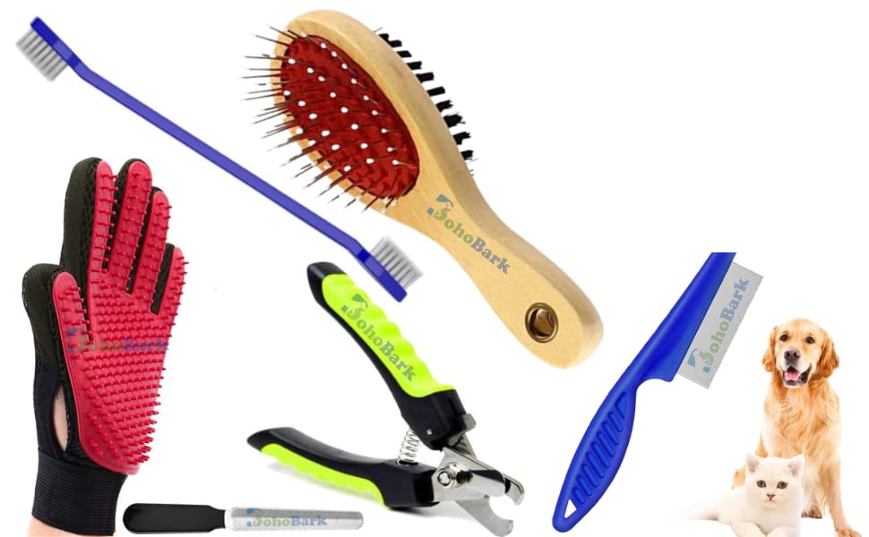Bohobark Dog Grooming Kit Teethbrush + Nailcutter Wooden Brush Double Side Comb + 5 Finger Glove + Flea Comb Pack Of 6 Pcs