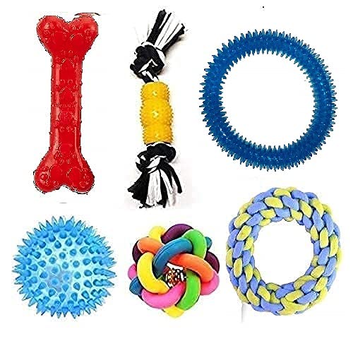 Psk Pet Mart Dog Chew Toys Combo Of 6 Pcs Toys Rainbow Ball, Teether 2 Knot Rope Led Ball, Dumble Teether & Latex Toys Dog Toys 