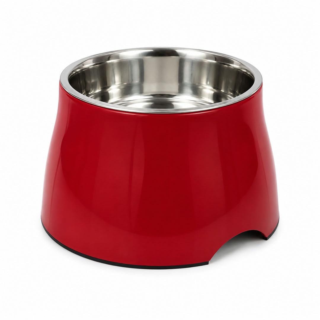 Basil Stainless Steel Food Water Feeding Bowls (Elevated Bowl Red Color) For Bigger Ears Pets, Dogs, Puppy,19 Cm,H_12 Cm,W_19 Cm