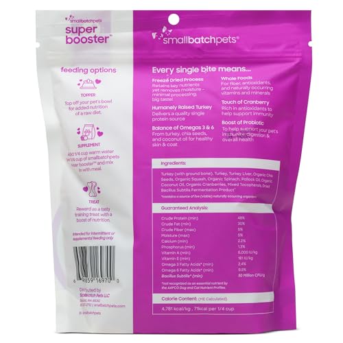smallbatch Pets Freeze-Dried Super Booster Turkey Bites for Dogs & Cats, 7 oz, Made in The USA, Organic Produce, Humanely Source