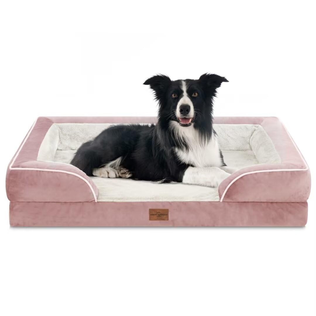 Comfort Expression Large Dog Beds Waterproof Orthopedic Foam Dog Beds For Large Dogs Sofa Comfy Pet Bed With Non-Slip Bottom & Washable Removable Cover(Large,Pink)