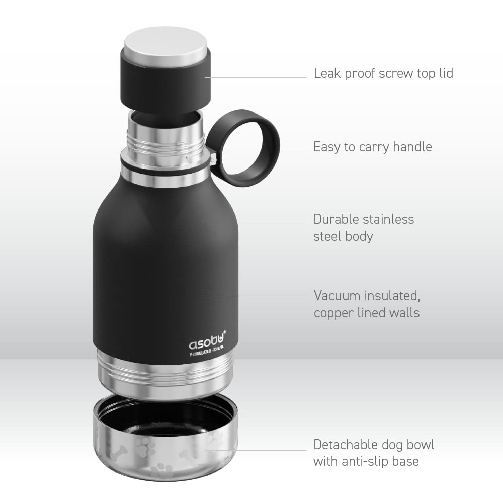 Asobu Dog Bowl Attached To Stainless Steel Insulated Travel Bottle For Human 33 Ounce (Black)…