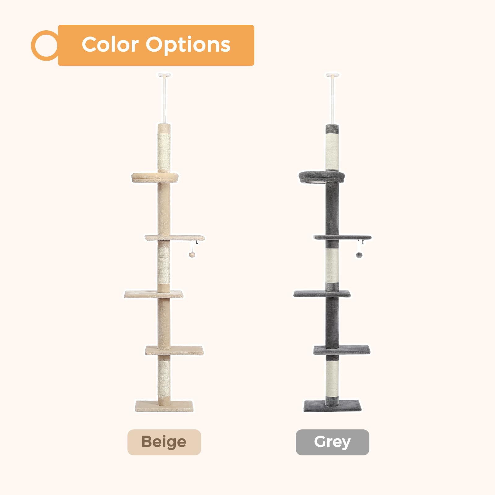 PETEPELA Cat Tower 5-Tier Adjustable Climbing Tree 95-107" Grey Engineered Wood with Scratching Post & Interactive Ball Toy