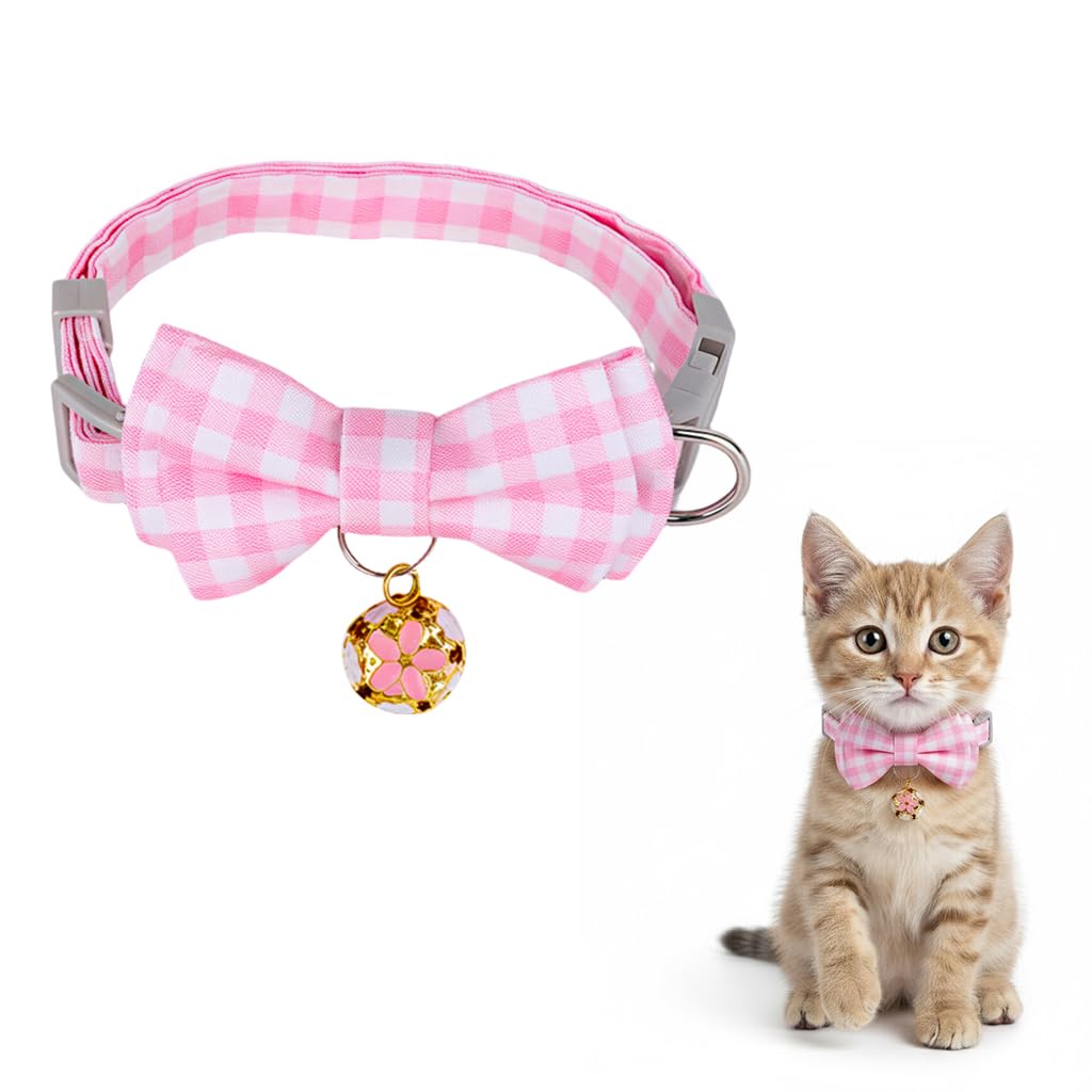 Qpets Cat Collar With Bell (Adjustable 2333 Cm), Breakaway Safety Buckle, Plaid Bow Tie Design, Soft Polyester Collar For Cats,