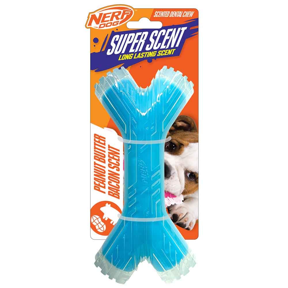 Nerf Dog 8in TPR/PP Scented Peanut Butter/Bacon SuperScent Stick Solid Core -Clear/Light Blue