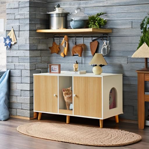 JanflyHome Litter Box Enclosure for 2 Cats, 42.5" Wood Cabinet with Scratching Pad, Model JFL2257, Modern Indoor Pet Furniture