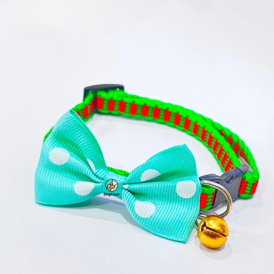 Dog Trust Cute Dog Collar Belt With Bell And Dot Printed Bow Tie, Stylish And Safe Design For Puppies And Small Dogs, Perfect An