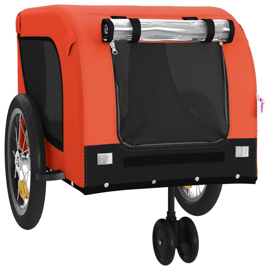 vidaXL Pet Bike Trailer - Orange & Black - Oxford Fabric, Iron Frame, 49.2" x 24.8" x 26" - Reflectors & Safety Flag - Multifunctional Carrier for Pets, Groceries, Camping