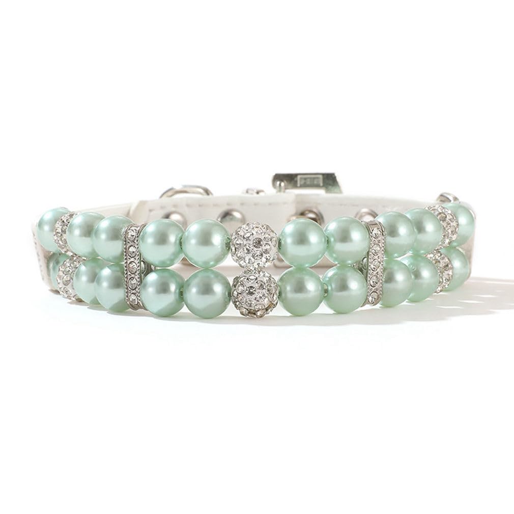 Green Pearl Collar For Dogs, Fancy Crystal Bling Pearl Dog Collar Rhinestone Luxury Beaded Puppy Necklace Diamond Girl Pet Jewel