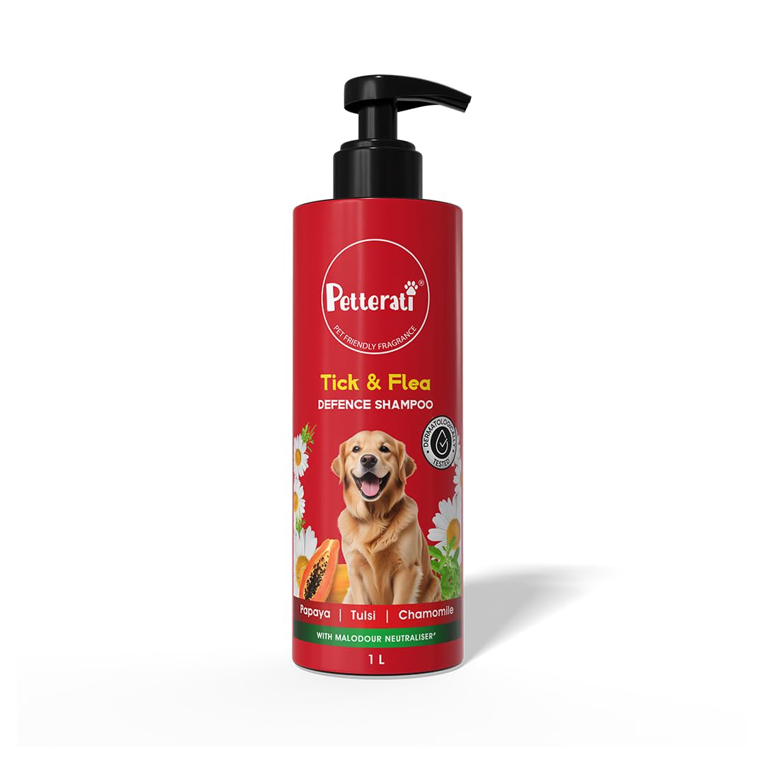 Petterati Tick & Flea Defence Dog Shampoo | Papaya, Tulsi & Chamomile | Prevents Ticks & Fleas, Healthy Coat Care | 1 L