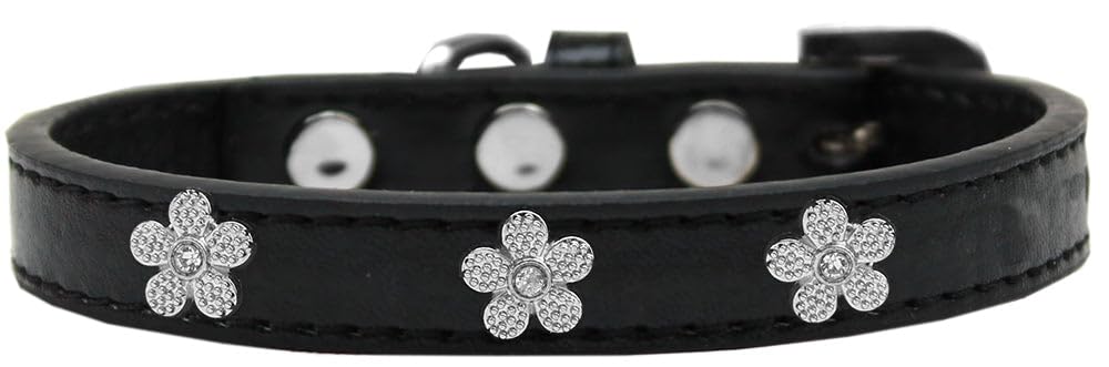 Dog, Puppy & Pet Widget Fashion Collar, Silver Flower Black 14