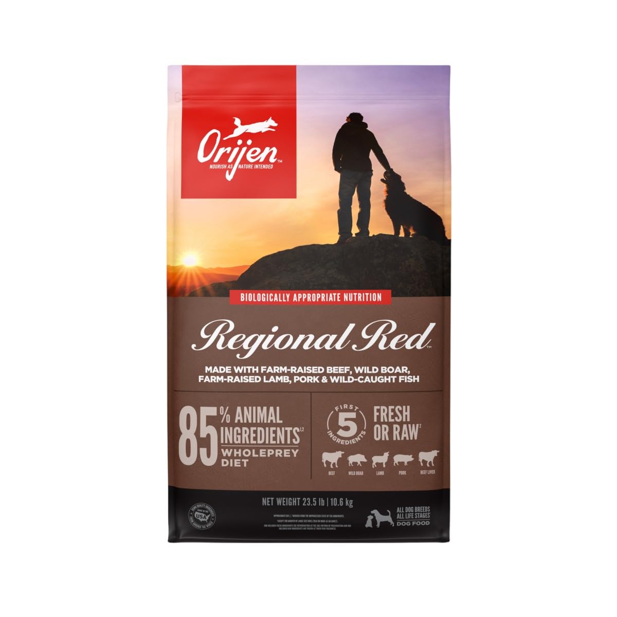 ORIJEN REGIONAL RED Dry Dog Food, Grain Free and Poultry Free Dog Food, Fresh or Raw Ingredients, 23.5lb