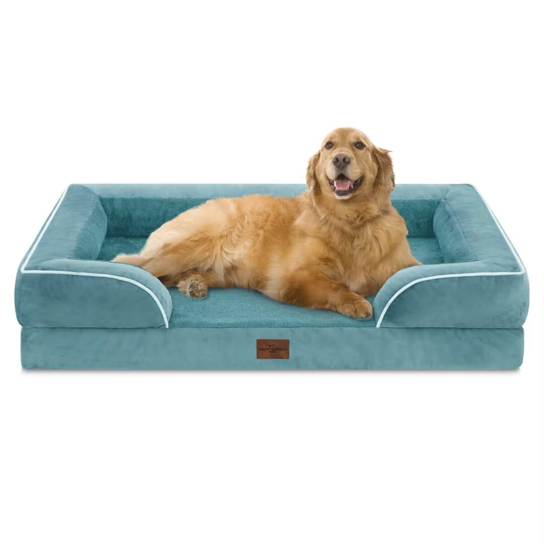 Comfort Expression Orthopedic Foam Xl Dog Beds Waterproof, Extra Large Dog Bed With Bolster, Washable Dog Bed Sofa Pet Bed With Removable Cover & Non-Slip Bottom(X-Large,Washed Blue)