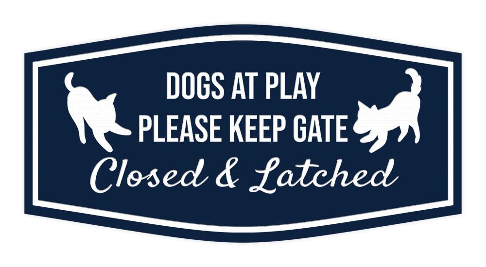 Motto Lita Fancy Paws, Dogs At Play Please Keep Gate Closed & Latched Sign (Navy Blue/White) - Small