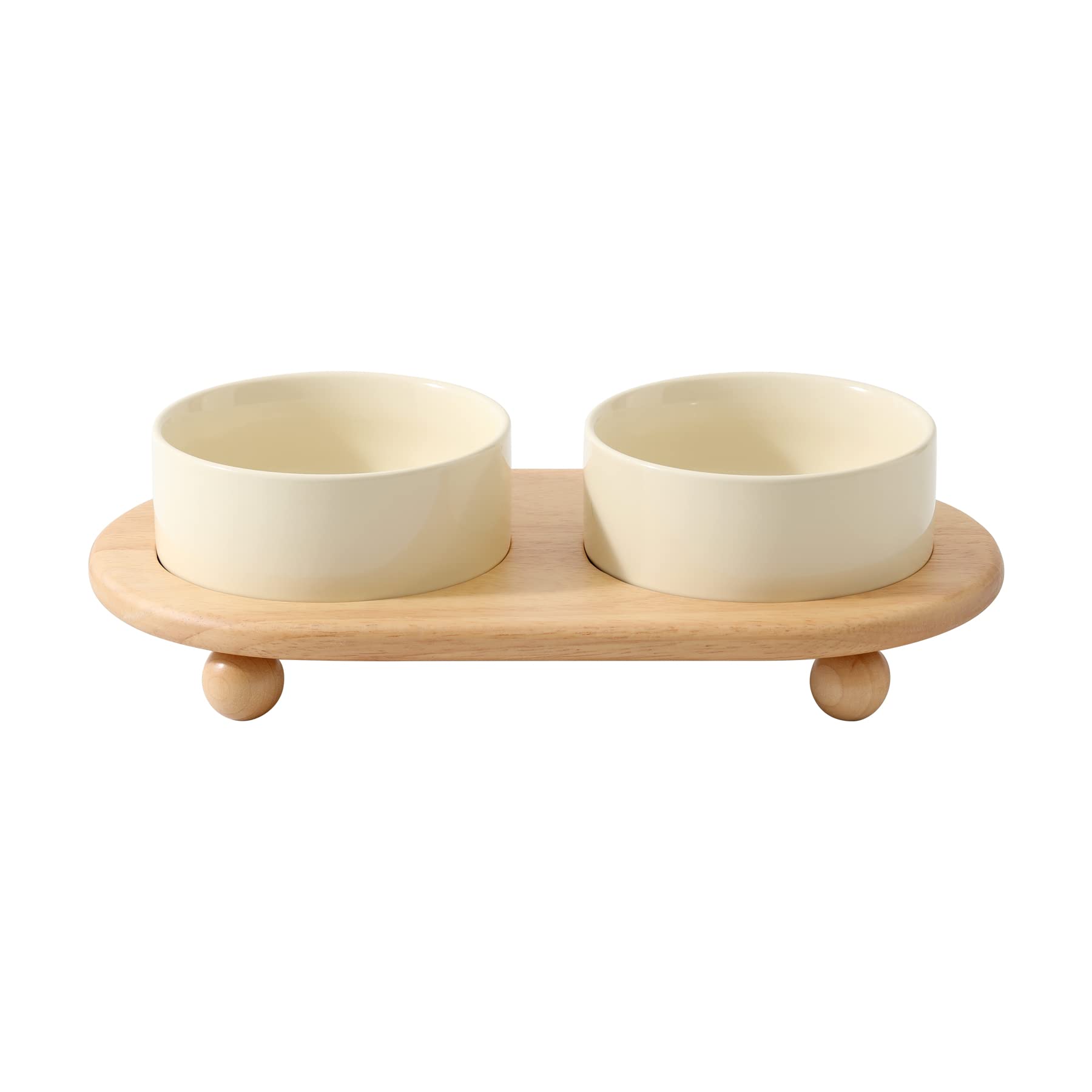 Havniva Ceramic Elevated Cat Food and Water Bowl, Kitty Bowl, Raised Cat Feeder with Stand (5.1 in, 2 x Beige)