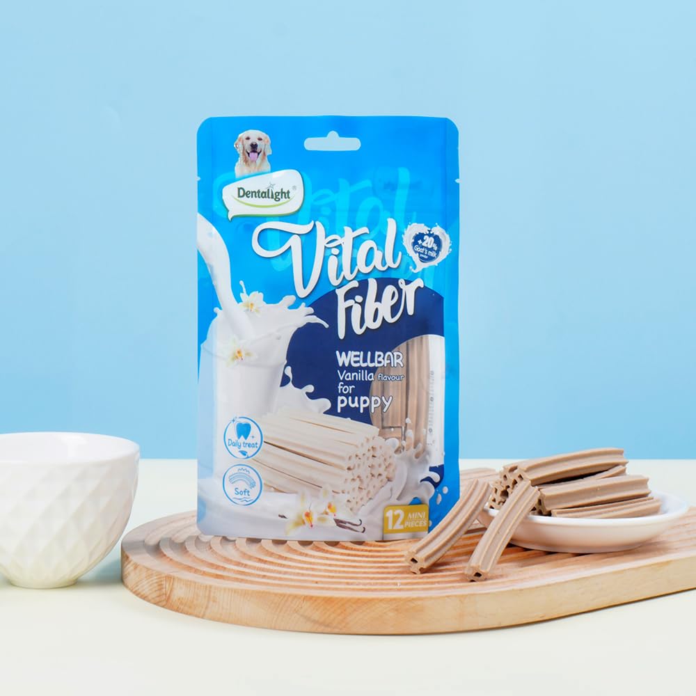 Dentalight Faywell Vital Fiber Wellbar Puppy Chew Treats, Contain Goat Milk Powder, Rich in Calcium and Protein, Soft Vanilla Te