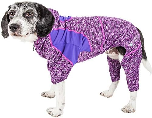 Pet Life  Active Downward Dog Heathered Performance 4Way Stretch Twotoned Full Body Warm Up Hoodie, Purple  Xlarge