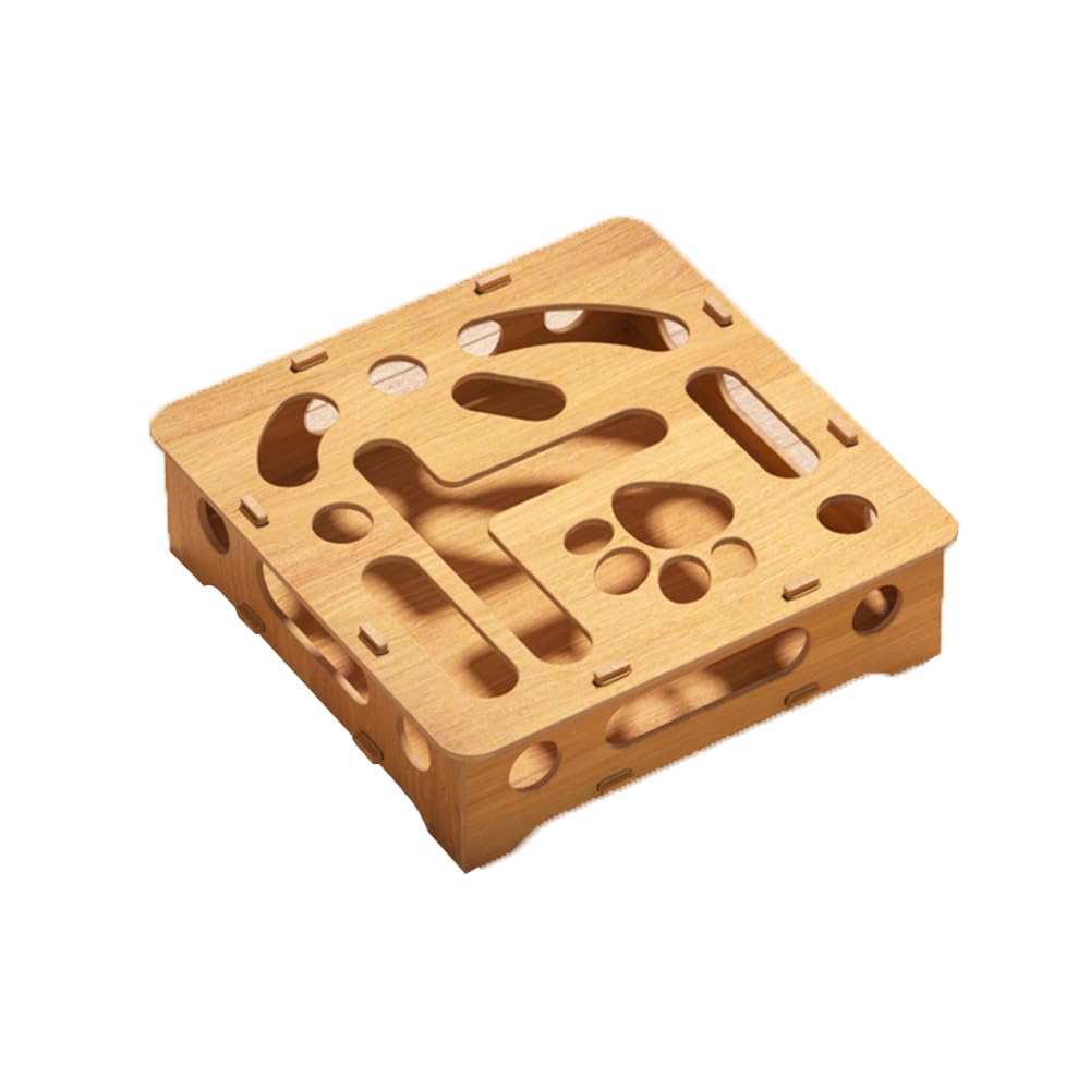 Cat Puzzle Toy Box,Wooden Interactive Enrichment Toy for Indoor Cats, Treat Dispensing, Self-Play, Hunting Games, Hide & Seek, B