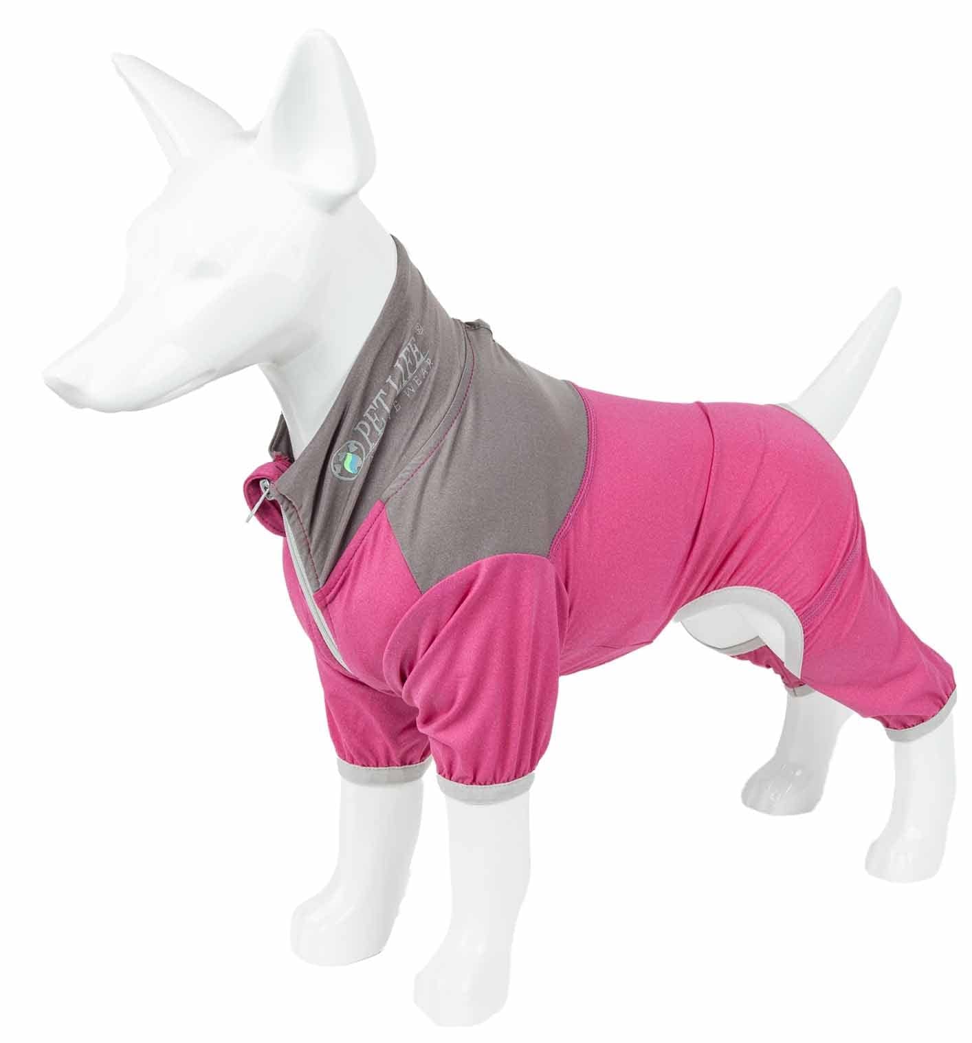 Pet Life  Active 'Embarker' Heathered Performance 4-Way Stretch Two-Toned Full Body Warm Up, Pink And Grey  - X-Large