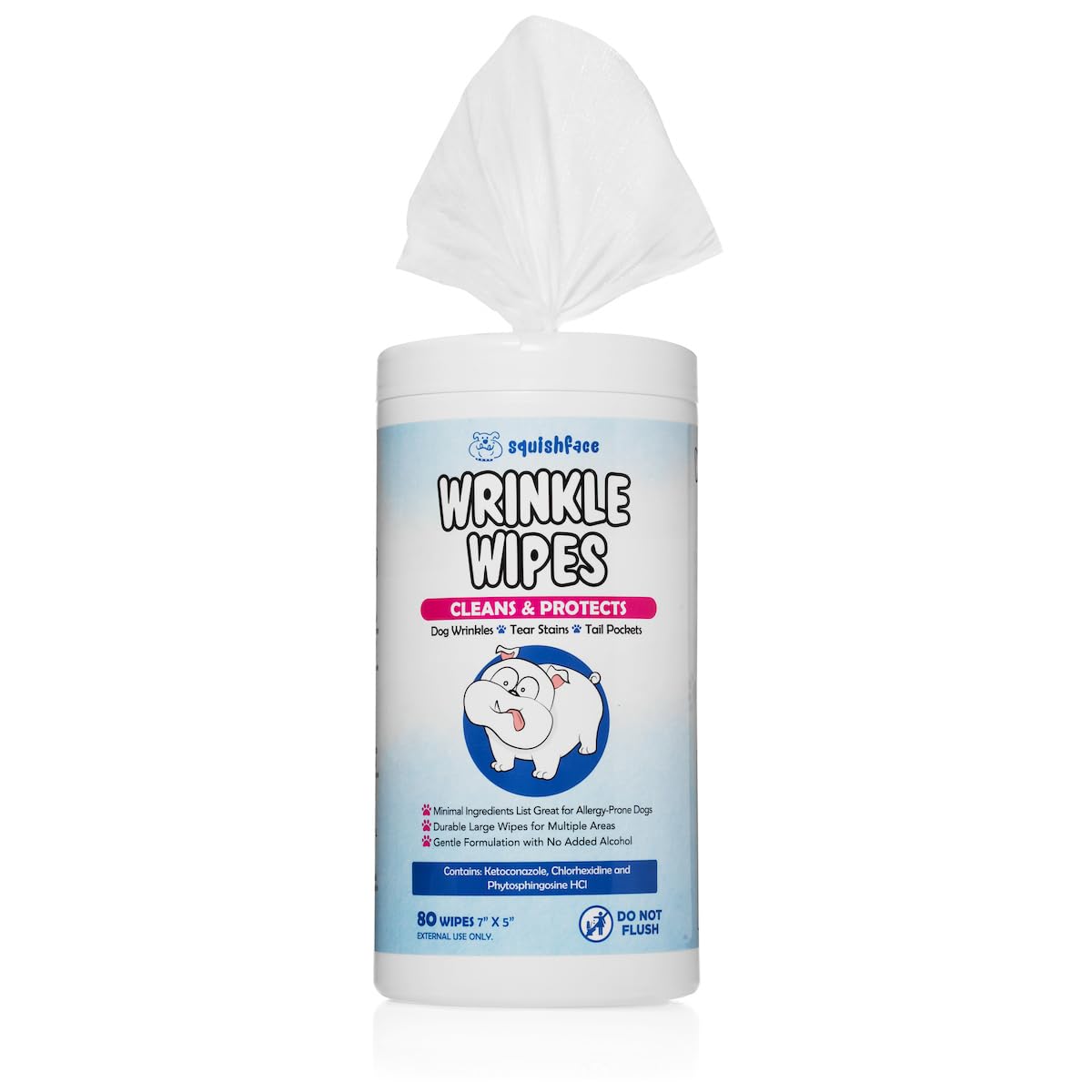 Squishface Wrinkle Wipes – 5”X7” Large Dog Wipes - Deodorizing, Tear Stain Remover – Great For English Bulldog, Pugs, Frenchie, Bulldogs, French Bulldogs & Any Breed! (80 Count)