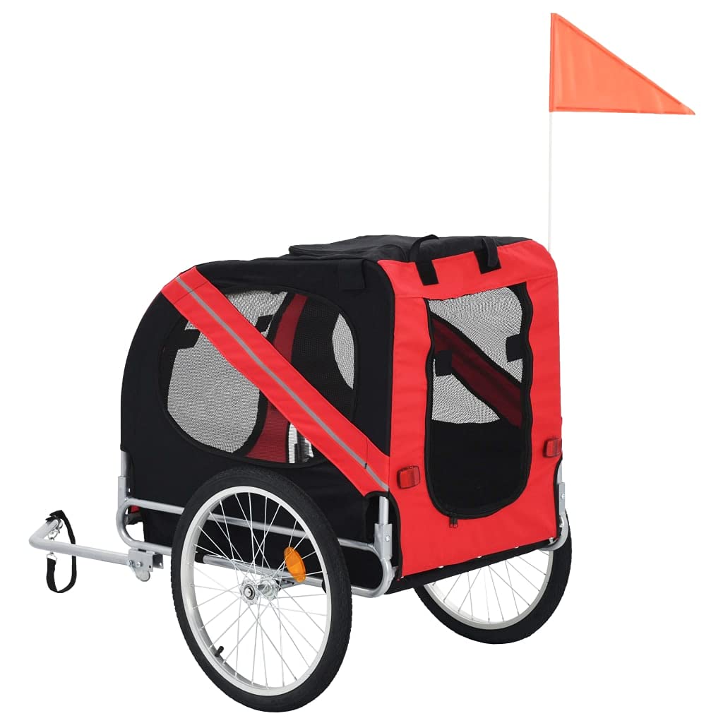 vidaXL Dog Bike Trailer - Water-Resistant Oxford Fabric, Reflectors, Quick-Release Hitch, 1 Count, Red and Black, Model 91766