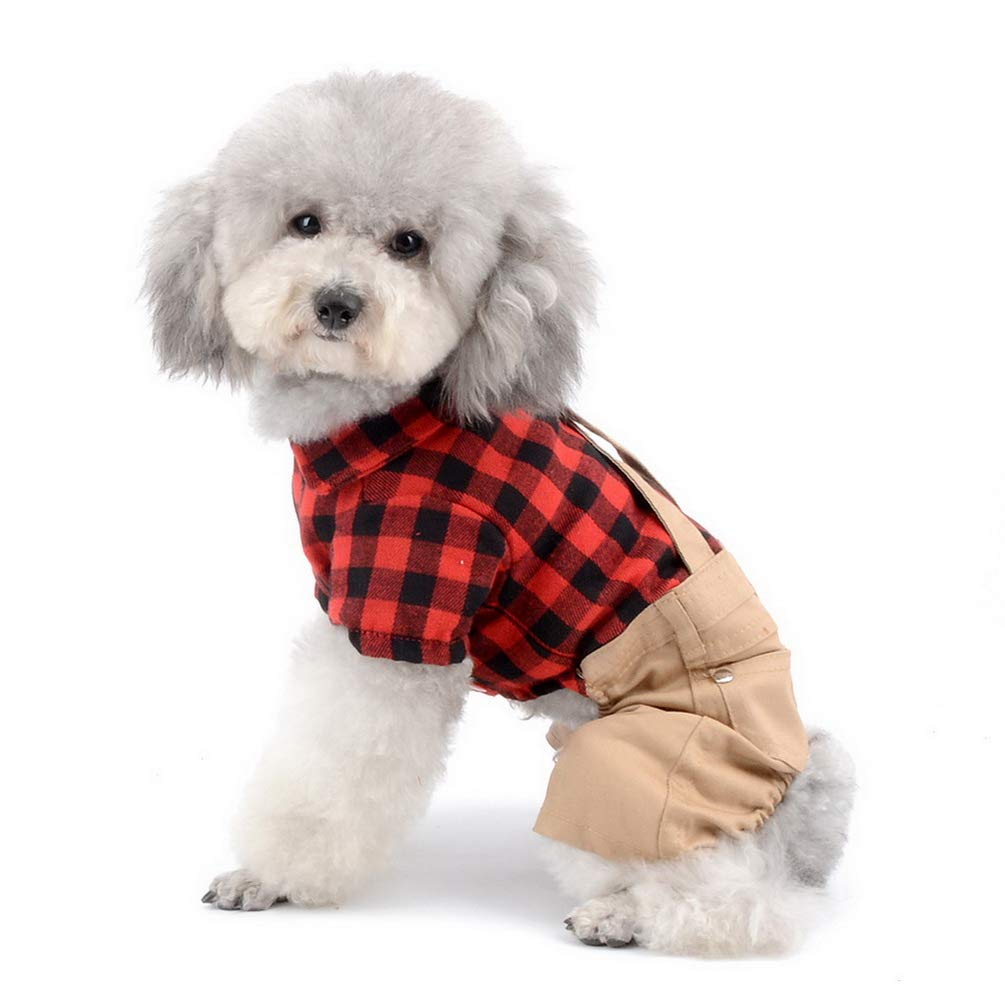 Smalllee_Lucky_Store Pet Clothes For Small Dog Cat Red Plaid Shirts Sweater With Khaki Overalls Pants Jumpsuit Outfits L