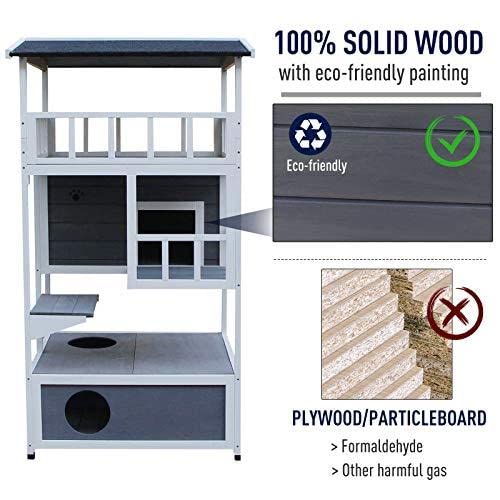 Pawhut Wooden Outdoor Cat House, Feral Cat Shelter Kitten Condo With Asphalt Roof, Escape Doors, Condo, Jumping Platform, Grey