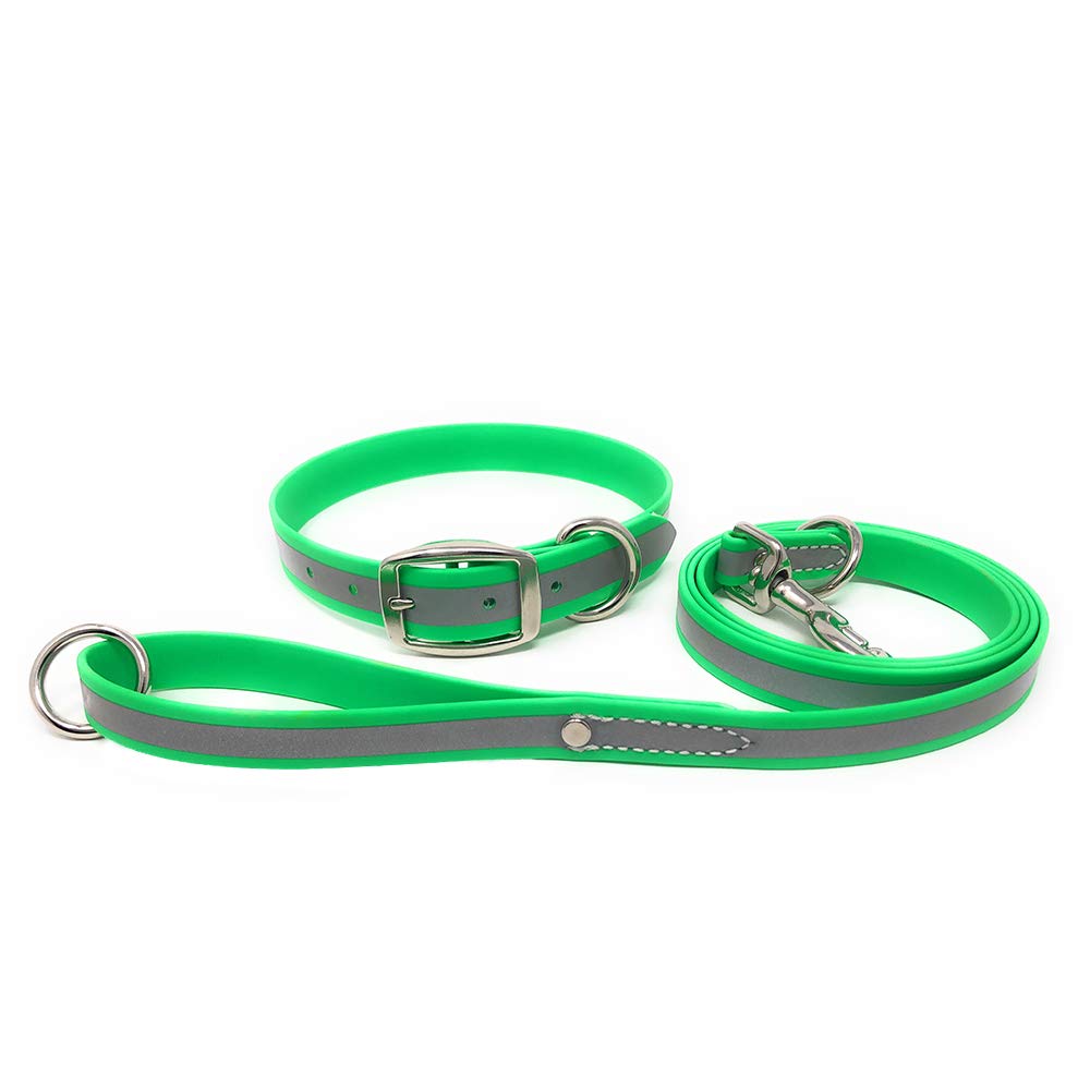 Regal Dog Products Medium Lime Green Reflective Dog Collar And Leash Set - Waterproof Biothane Dog Collar With Heavy Duty Double