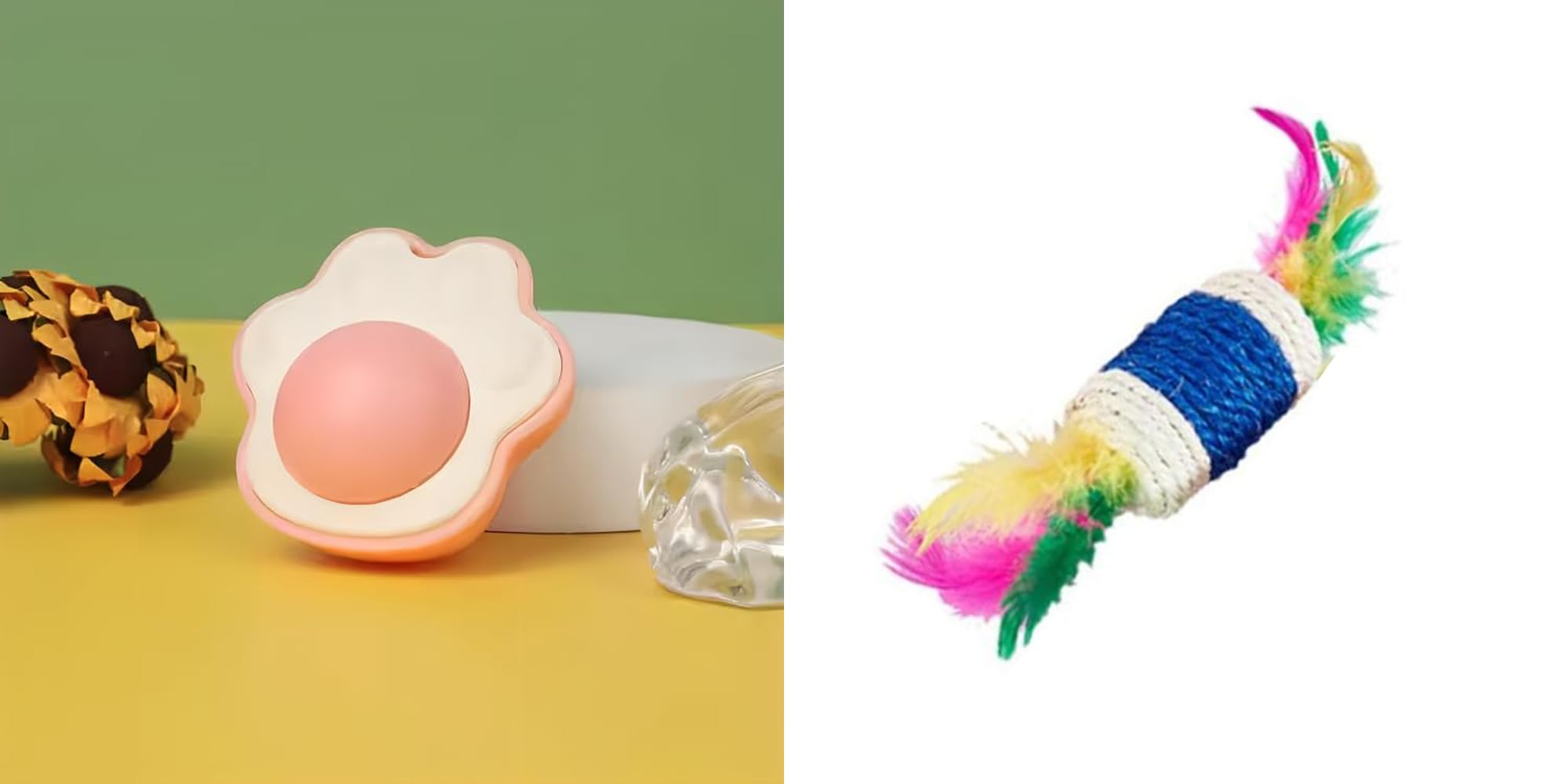 Pet Fun Paw Shaped Cat Toy With Catnip & Silvervine Natural Licking Wall Ball & Cat Teaser Stick With Feather & Paper Rope Cylin