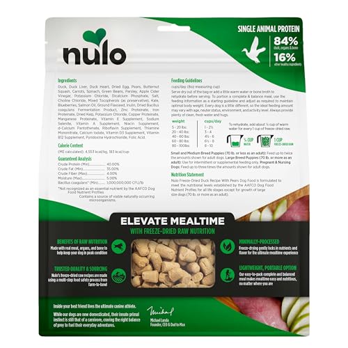 Nulo Freeze-Dried Raw Duck Recipe with Pears Complete and Balanced Dry Dog Food Kibble, 18 Ounce Bag
