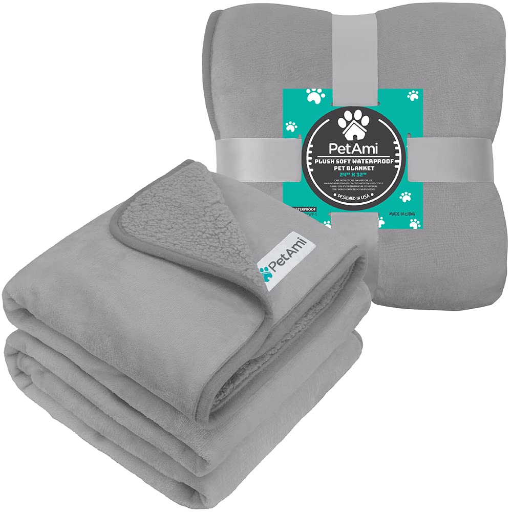 Petami Waterproof Dog Blanket For Small Medium Dogs, Pee Proof Pet Blanket Sherpa Fleece Couch Cover, Reversible Cat Throw Bed Sofa Protector, Soft Plush Washable Pad (Small 24X32, Light Gray)
