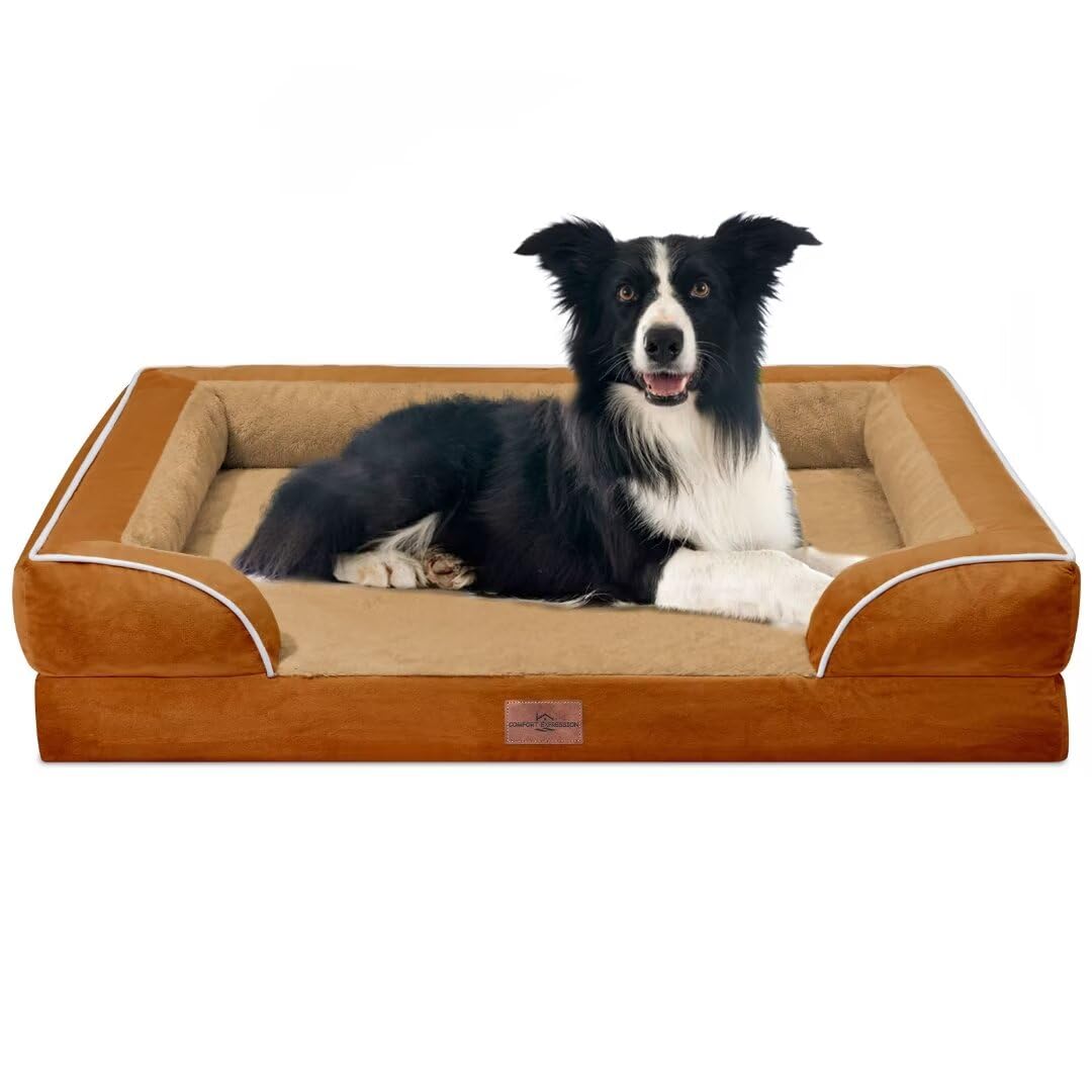 Comfort Expression Large Dog Beds Orthopedic Foam, Waterproof Dog Beds For Large Sized Dogs, Comfy Washable Pet Bed Sofa With Removable Cover & Non-Slip Bottom(Large,Caramel)